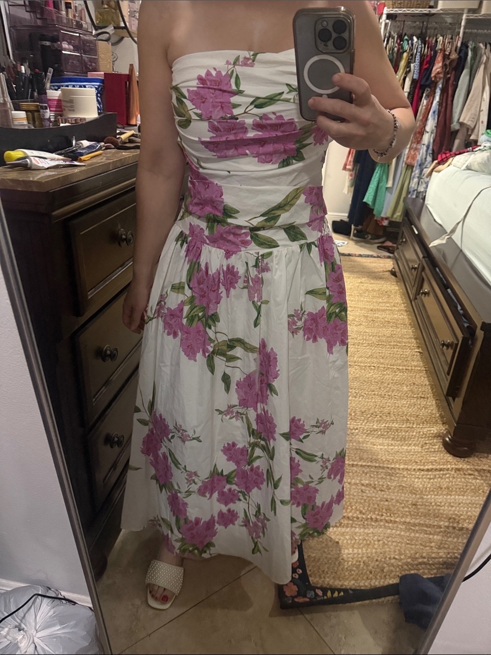 En Saison White Strapless Midi Dress with Pink Floral Print